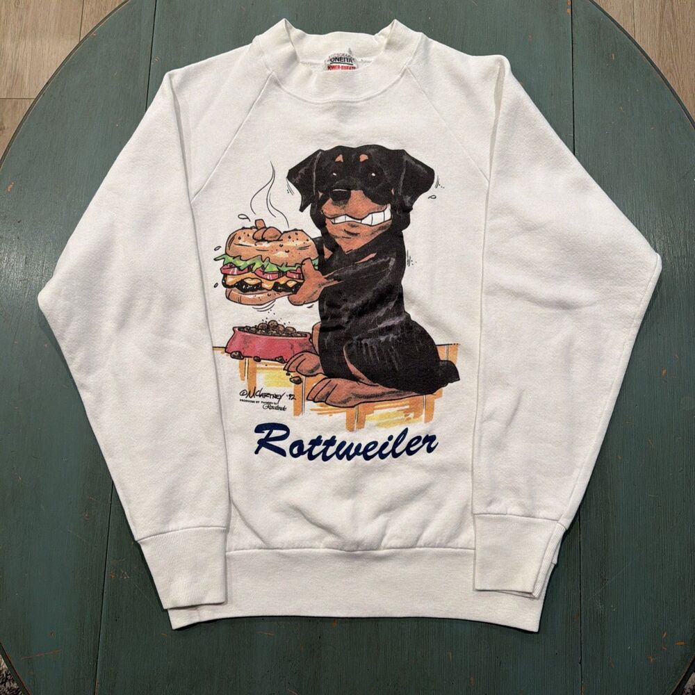 Vintage 90s Oneita Power-Sweats Rottweiler‎ Dog Hamburger Sweatshirt Medium USA